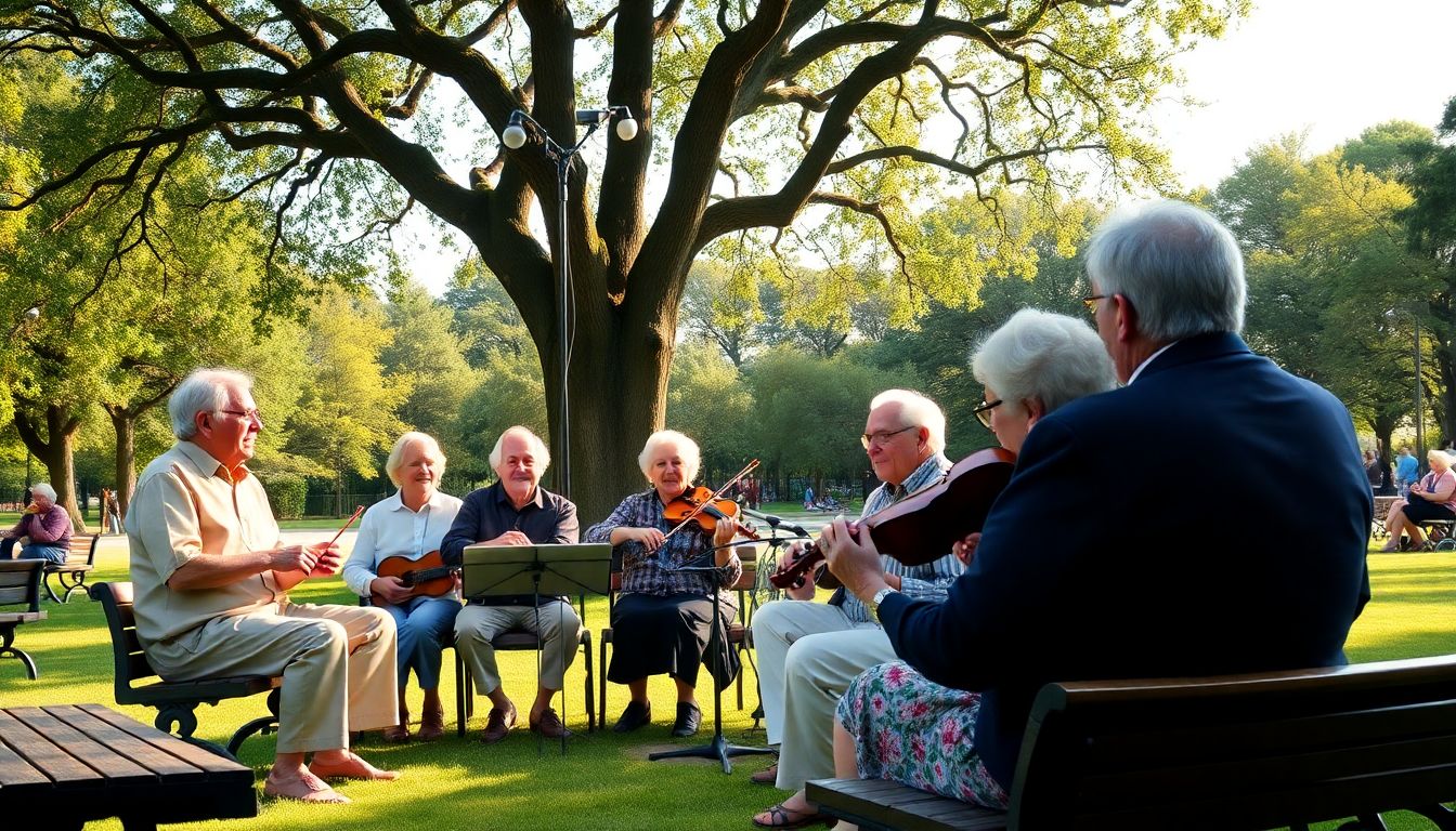 Grupo de idosos sorridentes participando de uma sessão musical em um parque, melhora da qualidade de vida através da música