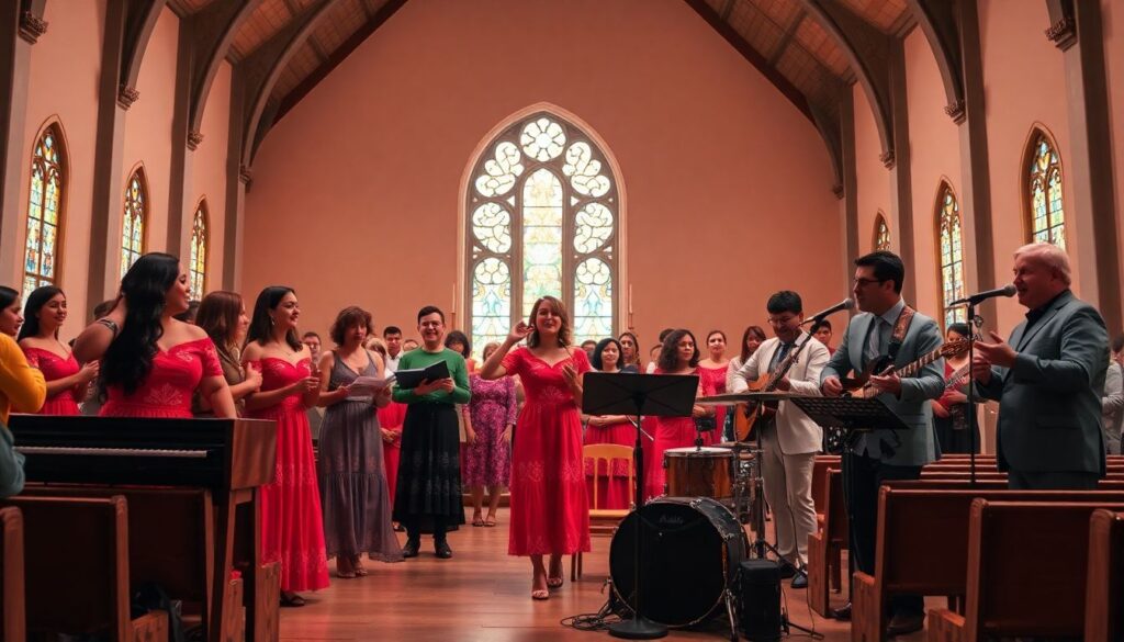 Coral religioso em uma igreja com instrumentos alugados, promovendo a música sacra. Aluguel de instrumentos para igrejas